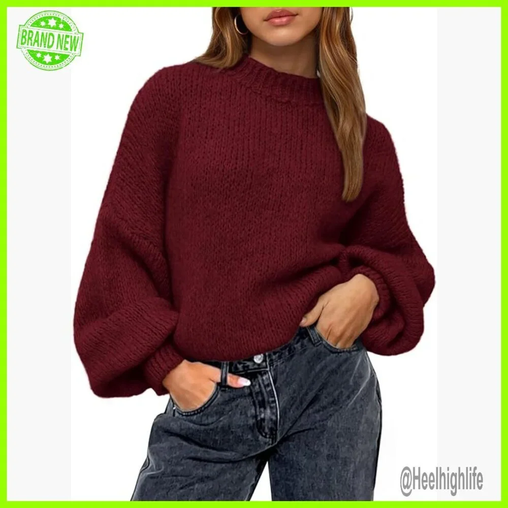 Oversized Lantern Sleeve Pullover Sweater, Loose Fit Knit Top - Picture 1 of 7